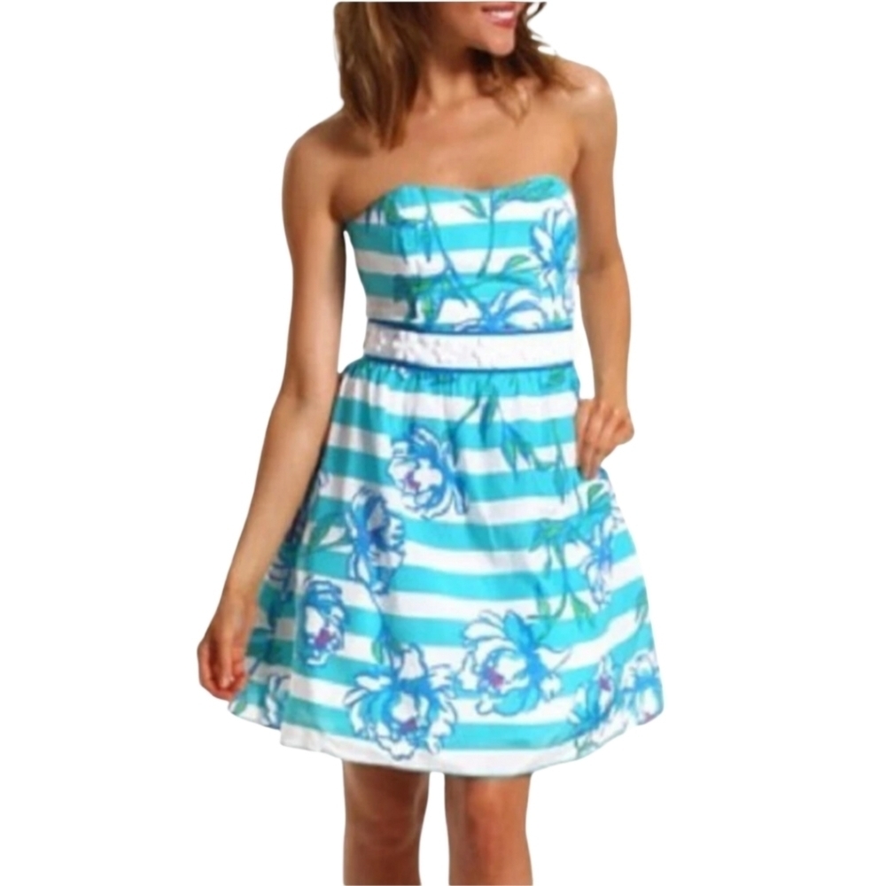 Lilly Pulitzer Turquoise White Floral Strapless Mini